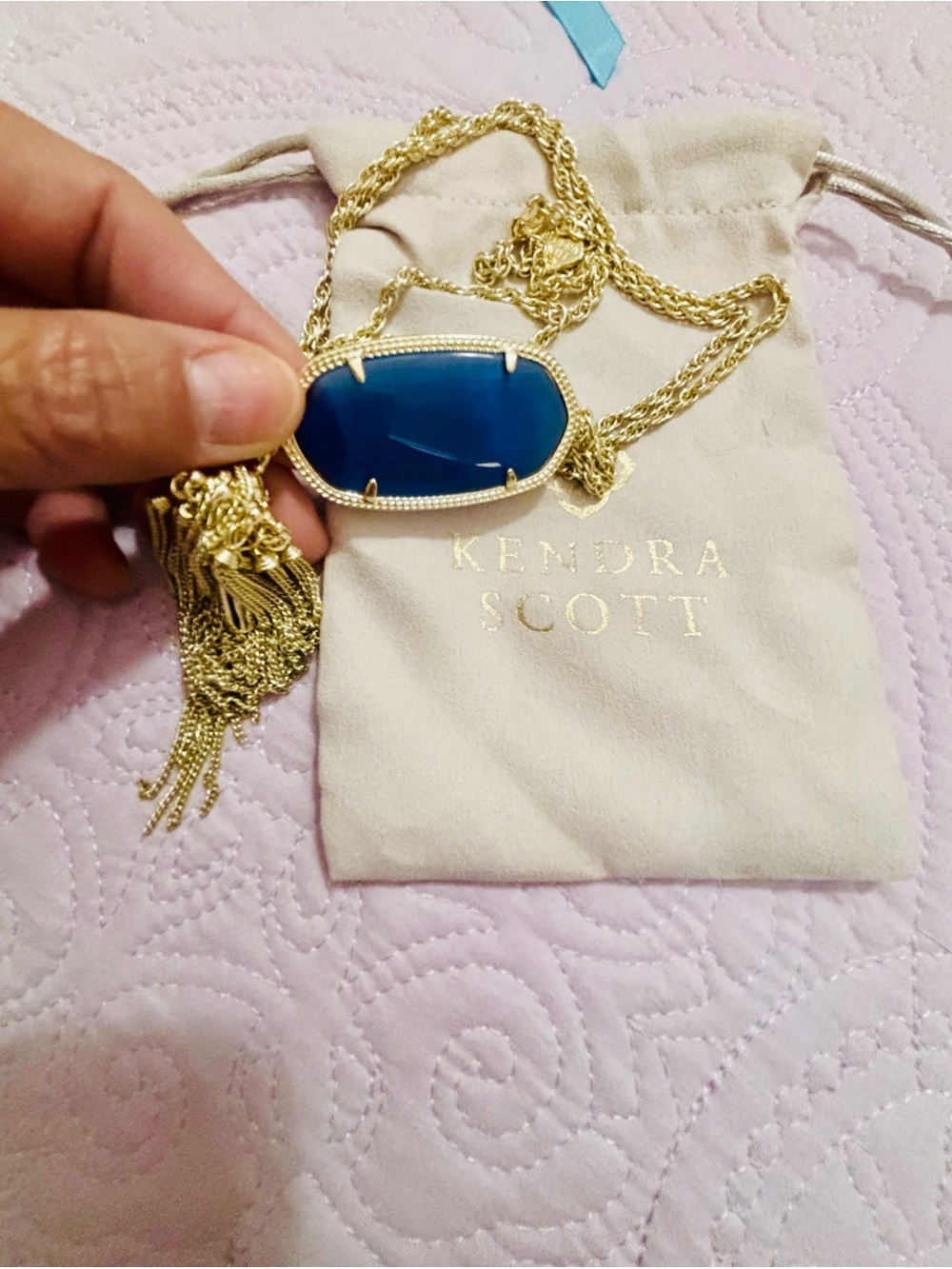 Kendra Scott Rayne Gold Necklace with Deep Blue Oval Pendant and tassels
